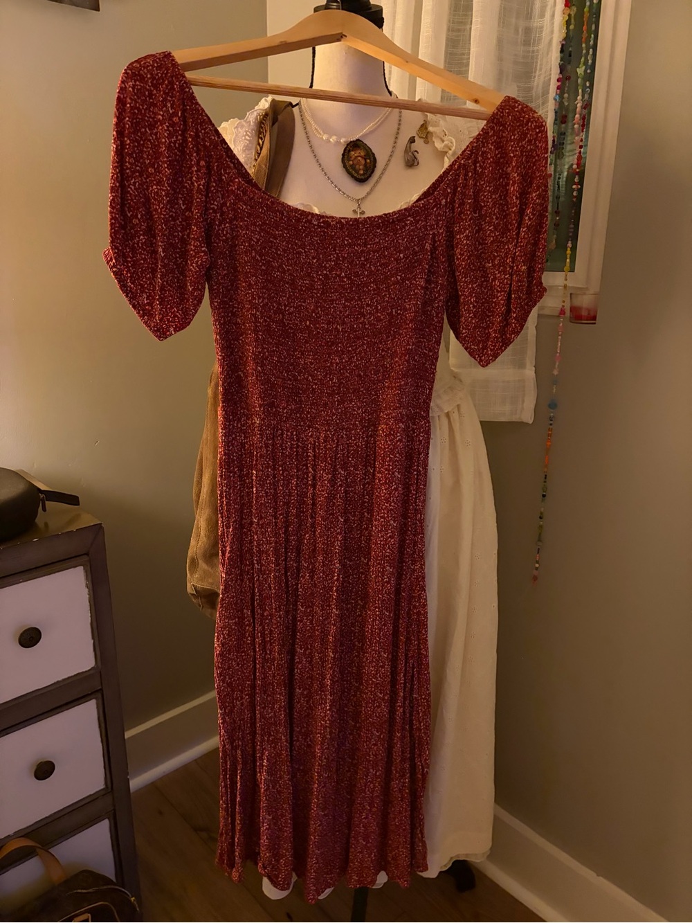 O'Neill red floral print Midi Dress with Puff Sleeves